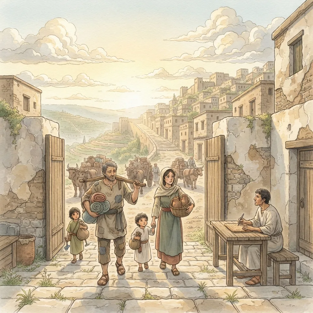 The Return to Jerusalem: a painted scene illustrating 1 Chronicles 9.