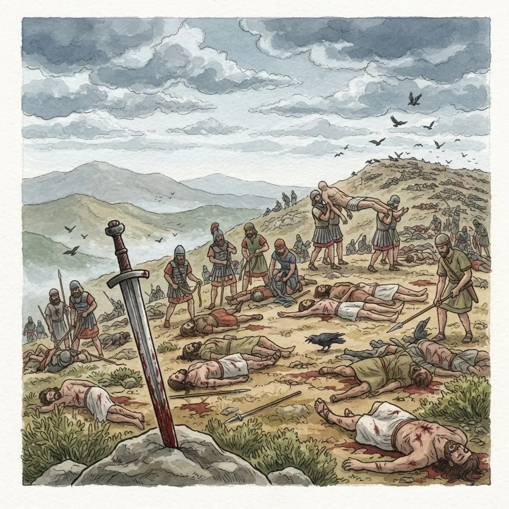 The Death of Saul: a painted scene illustrating 1 Chronicles 10.