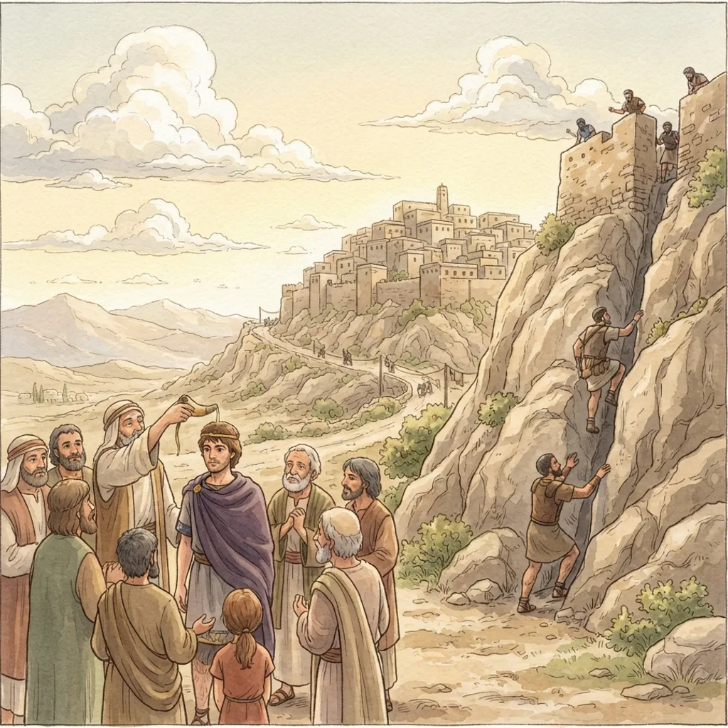 David Becomes King: a painted scene illustrating 1 Chronicles 11.