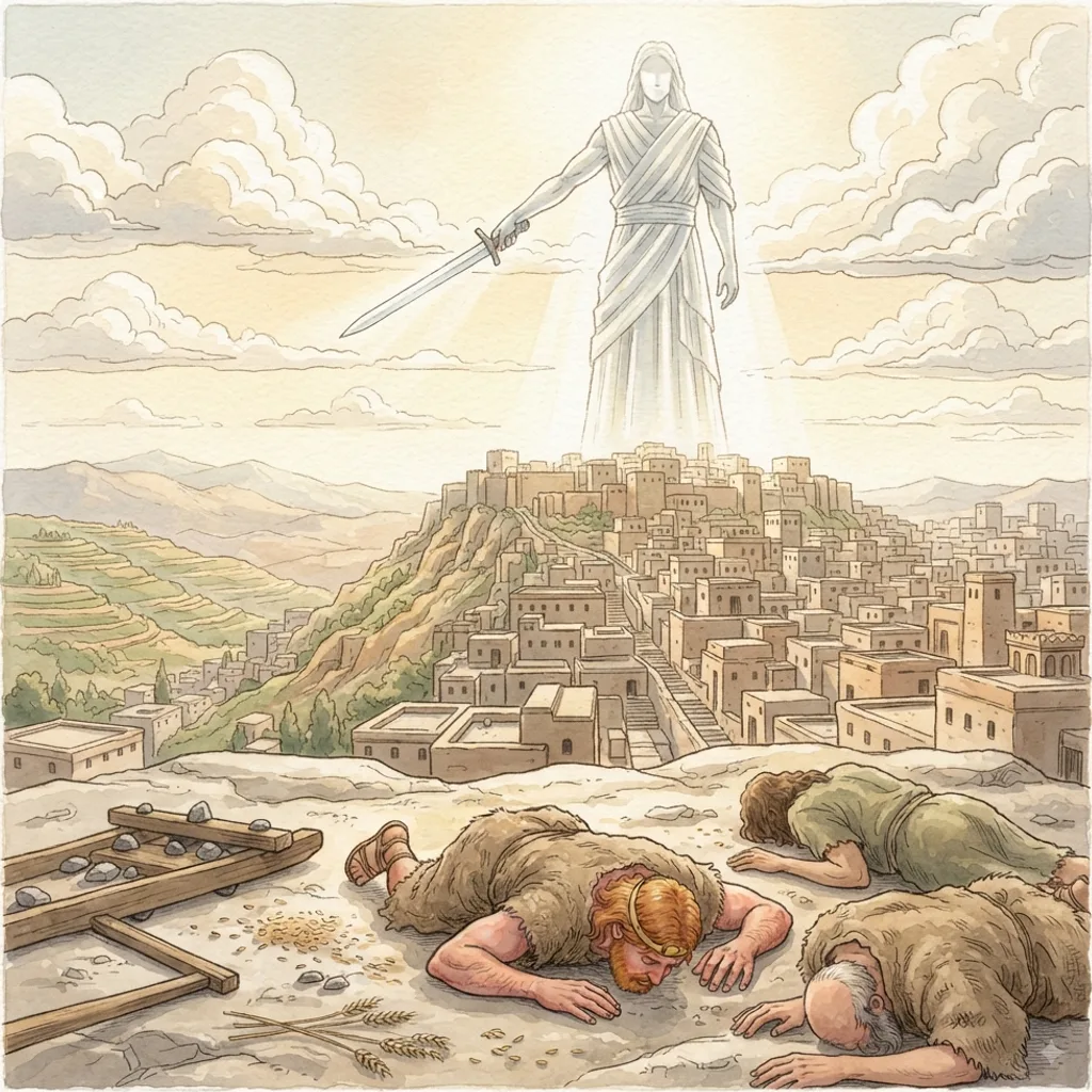 David's Census and Repentance: a painted scene illustrating 1 Chronicles 21.