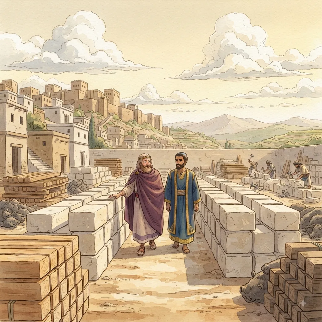 Preparing to Build the Temple: a painted scene illustrating 1 Chronicles 22.