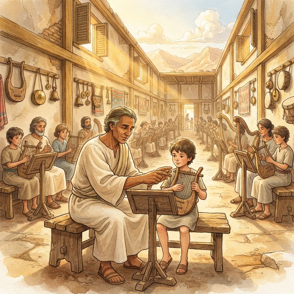 The Temple Musicians: a painted scene illustrating 1 Chronicles 25.