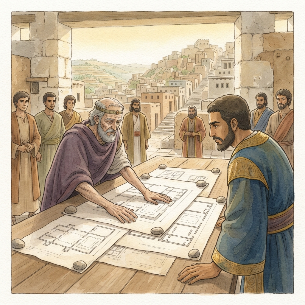 David Charges Solomon: a painted scene illustrating 1 Chronicles 28.