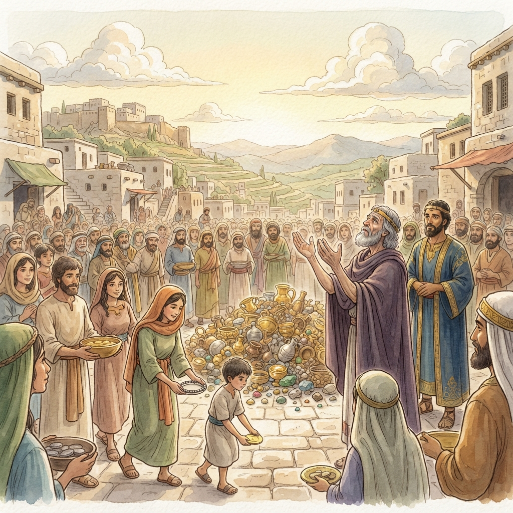 David's Final Offering and Death: a painted scene illustrating 1 Chronicles 29.