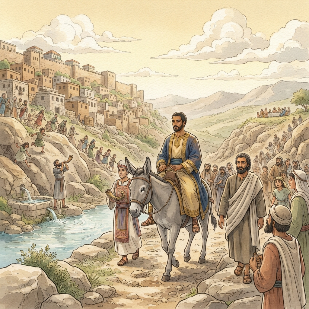 Solomon Becomes King: a painted scene illustrating 1 Kings 1.