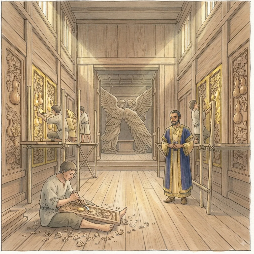 Solomon Builds the Temple: a painted scene illustrating 1 Kings 6.