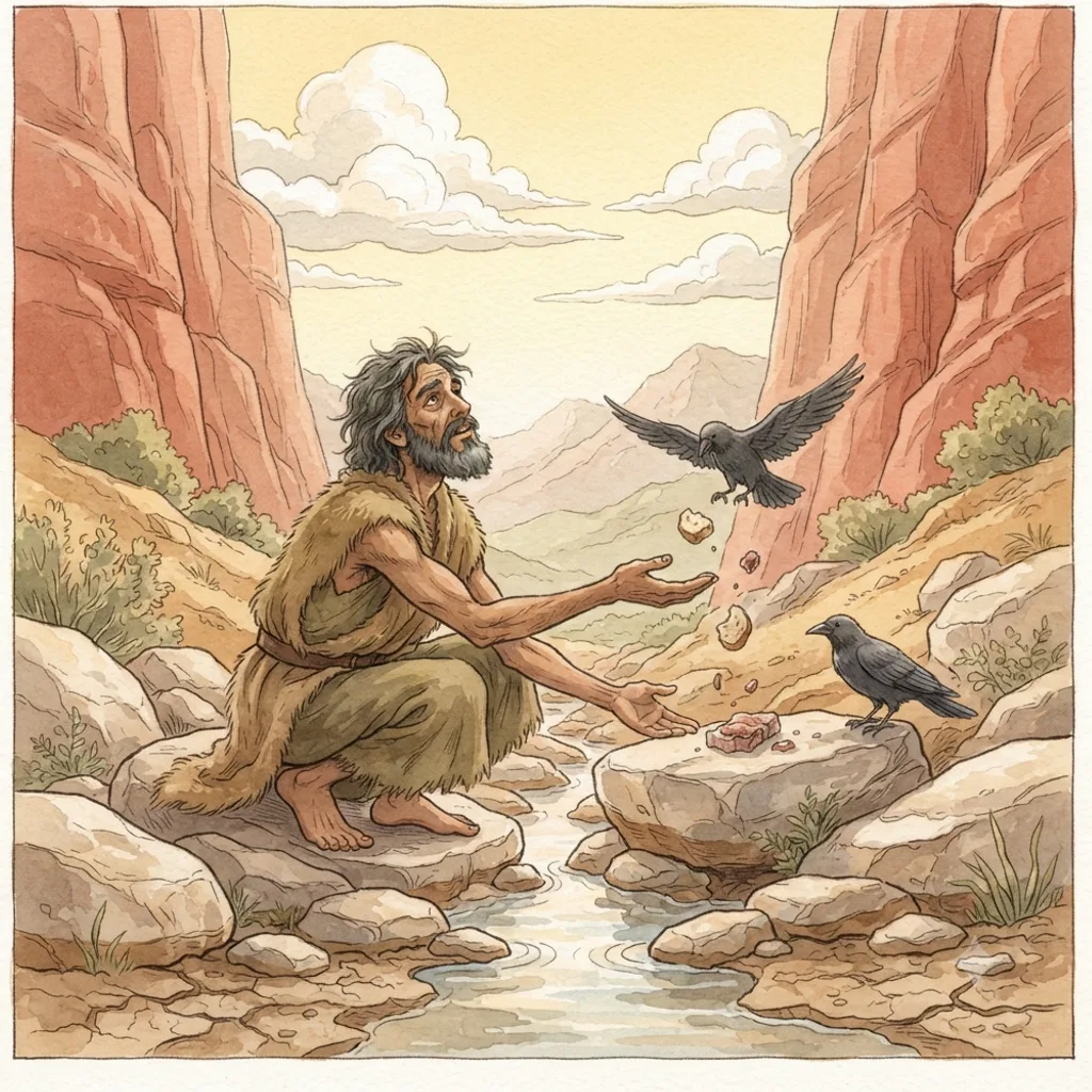 Elijah and the Drought: a painted scene illustrating 1 Kings 17.