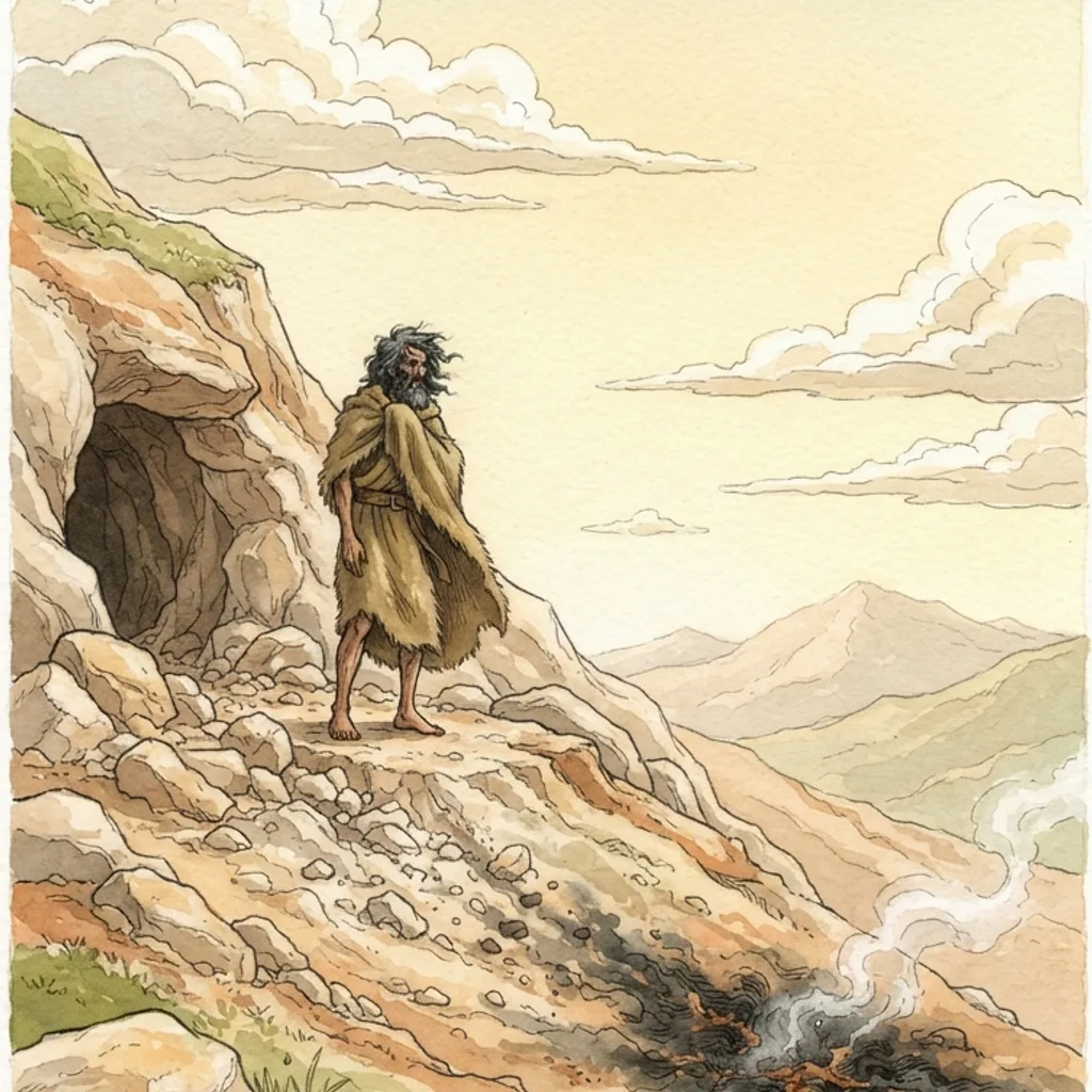 Elijah at Mount Horeb: a painted scene illustrating 1 Kings 19.