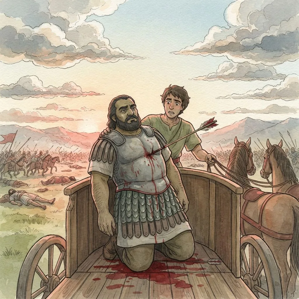 Ahab's Final Battle: a painted scene illustrating 1 Kings 22.