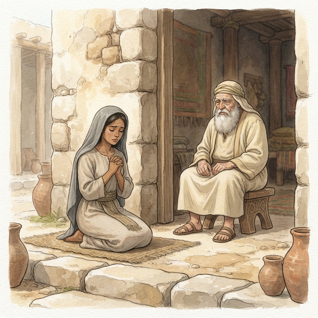 Hannah's Prayer: a painted scene illustrating 1 Samuel 1.