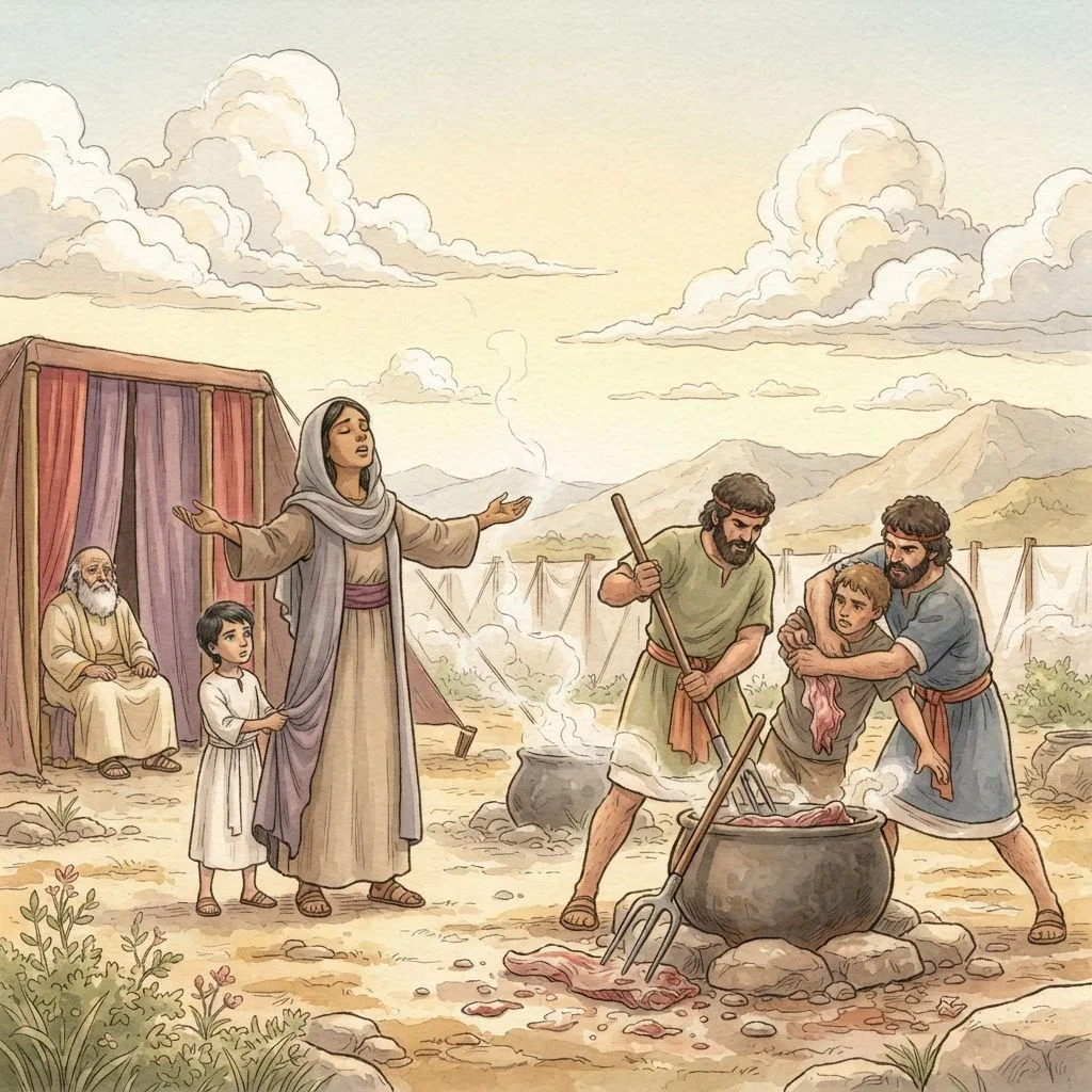 Hannah's Song and Eli's Sons: a painted scene illustrating 1 Samuel 2.