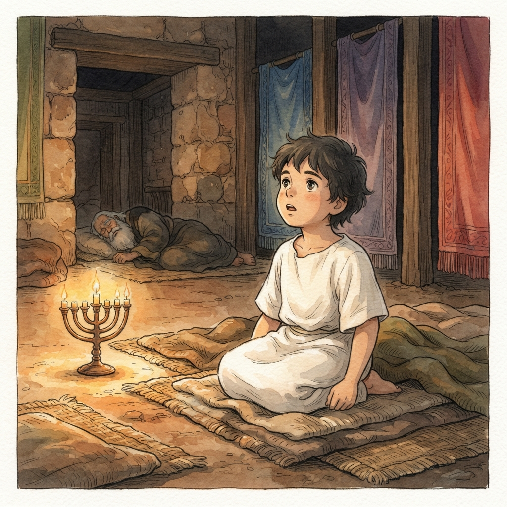 The Lord Calls Samuel: a painted scene illustrating 1 Samuel 3.
