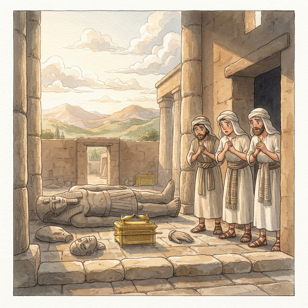 The Ark Among the Philistines: a painted scene illustrating 1 Samuel 5.