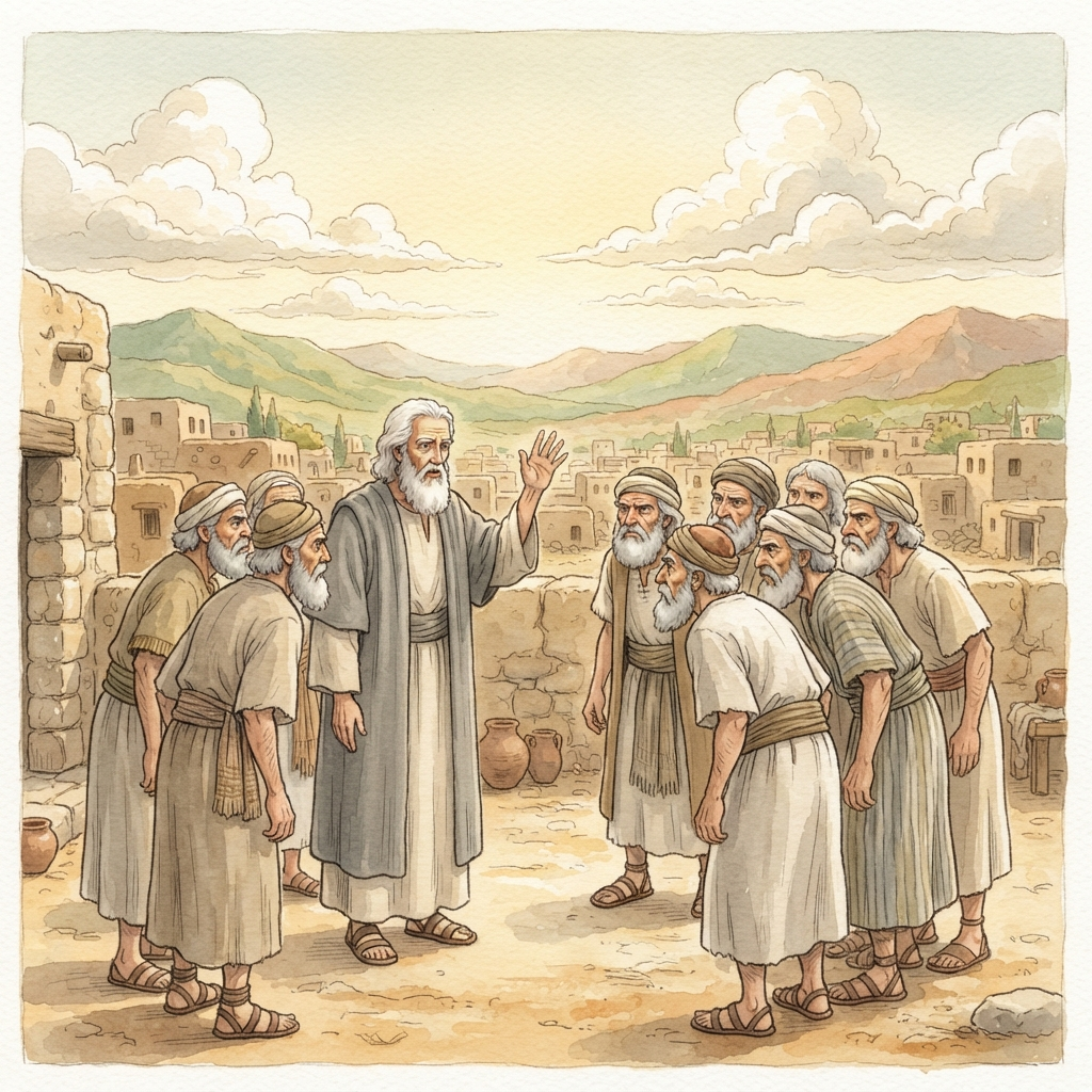 Israel Demands a King: a painted scene illustrating 1 Samuel 8.