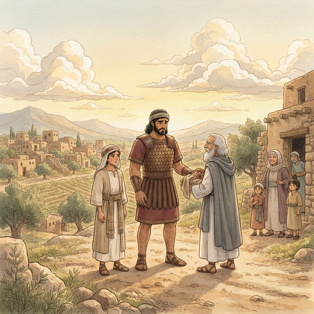 Saul Meets Samuel: a painted scene illustrating 1 Samuel 9.