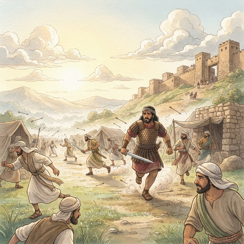 Saul Rescues Jabesh: a painted scene illustrating 1 Samuel 11.