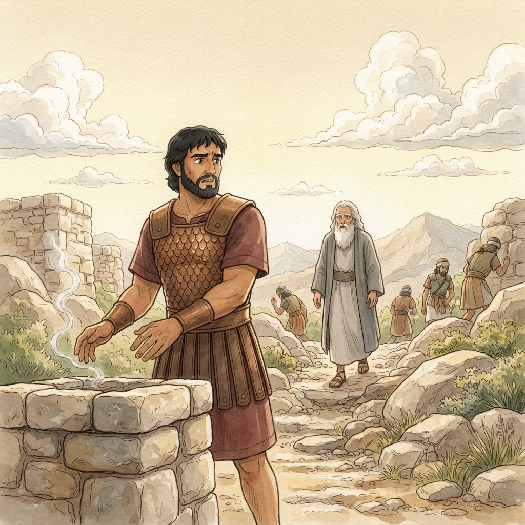 Saul's Disobedience: a painted scene illustrating 1 Samuel 13.