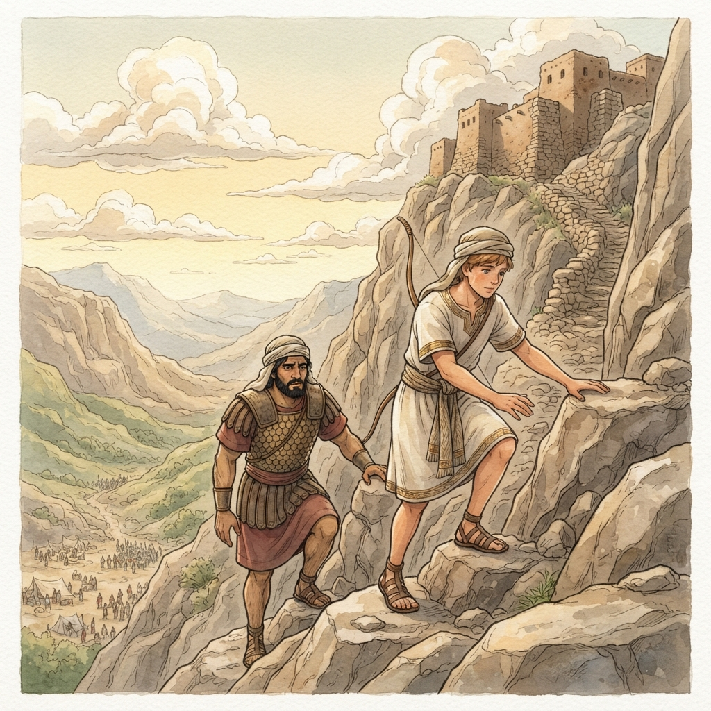 Jonathan's Great Victory: a painted scene illustrating 1 Samuel 14.