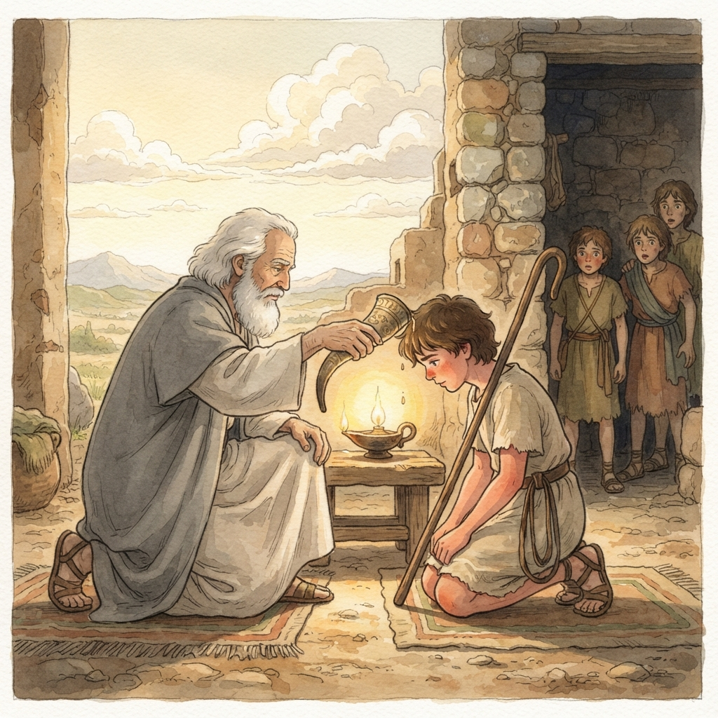 David Anointed: a painted scene illustrating 1 Samuel 16.