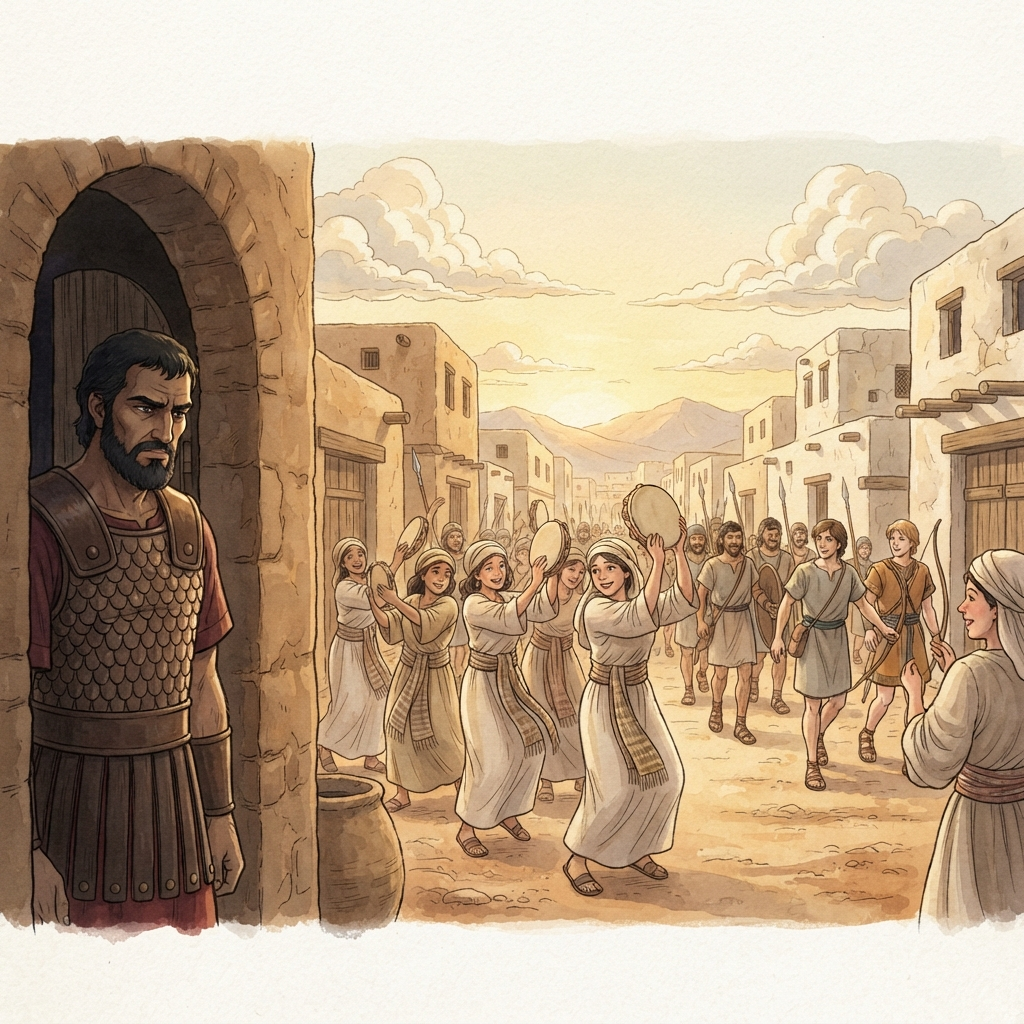 Saul's Jealousy of David: a painted scene illustrating 1 Samuel 18.
