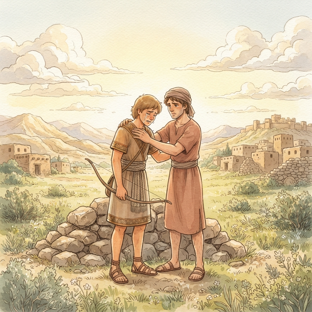 Jonathan Protects David: a painted scene illustrating 1 Samuel 20.