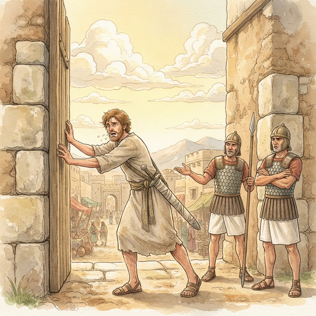 David Flees to Nob and Gath: a painted scene illustrating 1 Samuel 21.