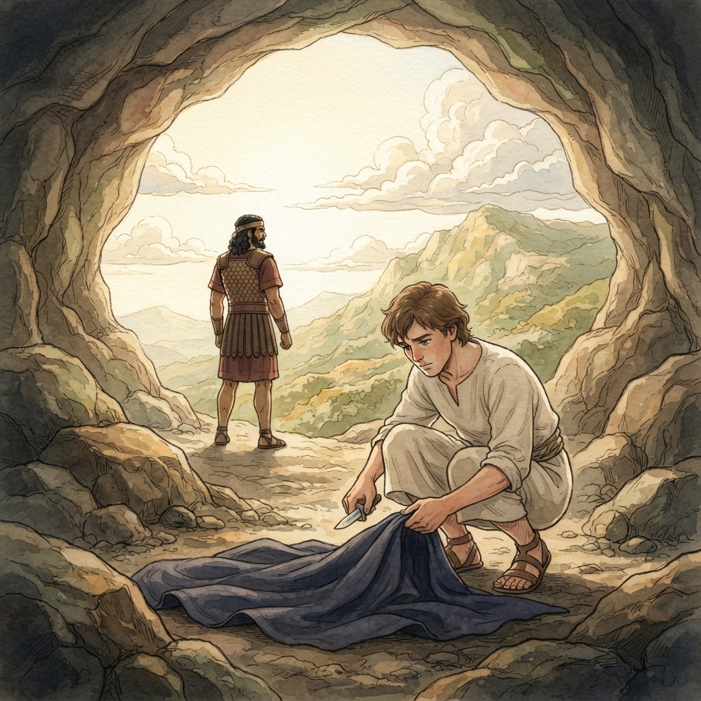 David Spares Saul: a painted scene illustrating 1 Samuel 24.