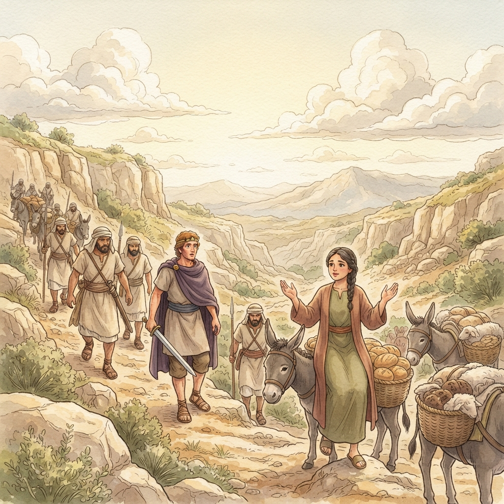 David and Abigail: a painted scene illustrating 1 Samuel 25.