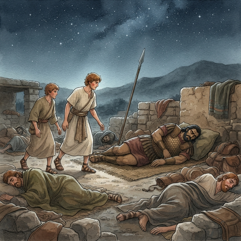 David Spares Saul Again: a painted scene illustrating 1 Samuel 26.