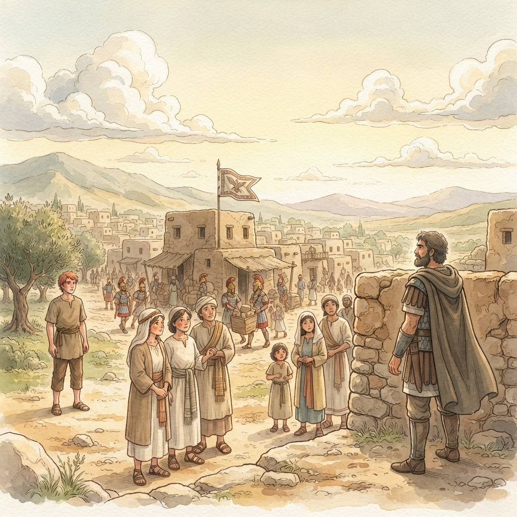 David Among the Philistines: a painted scene illustrating 1 Samuel 27.