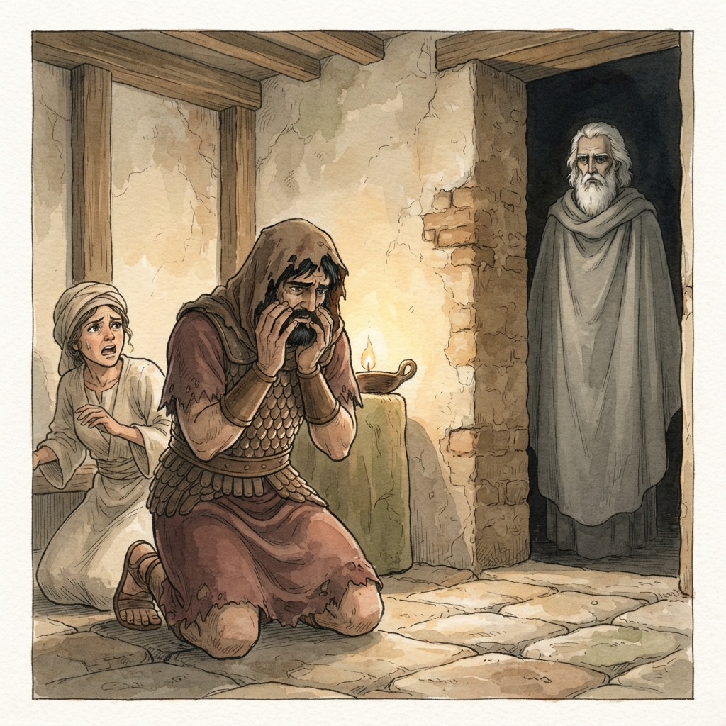 Saul and the Medium: a painted scene illustrating 1 Samuel 28.