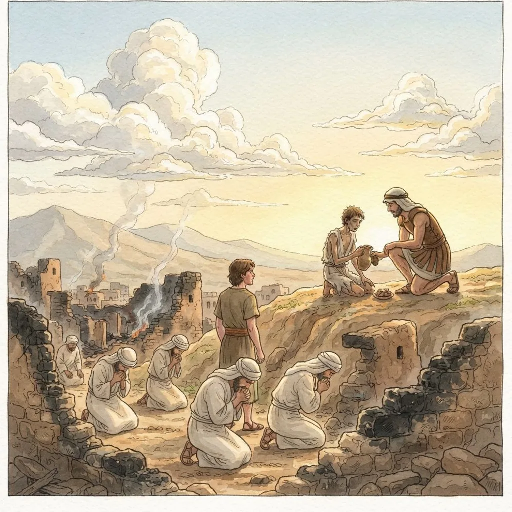 David Rescues Ziklag: a painted scene illustrating 1 Samuel 30.