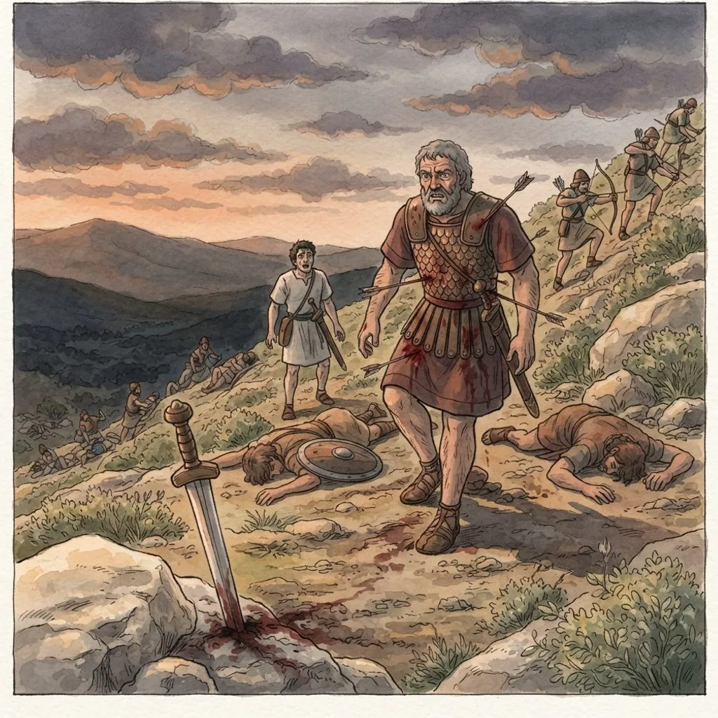 The Death of Saul and Jonathan: a painted scene illustrating 1 Samuel 31.