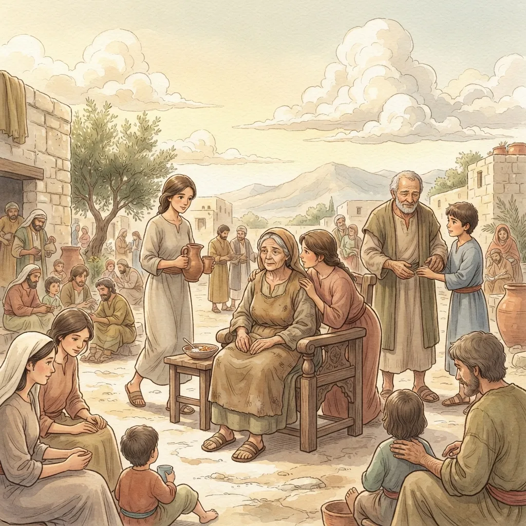 Caring for God's People: a painted scene illustrating 1 Timothy 5.