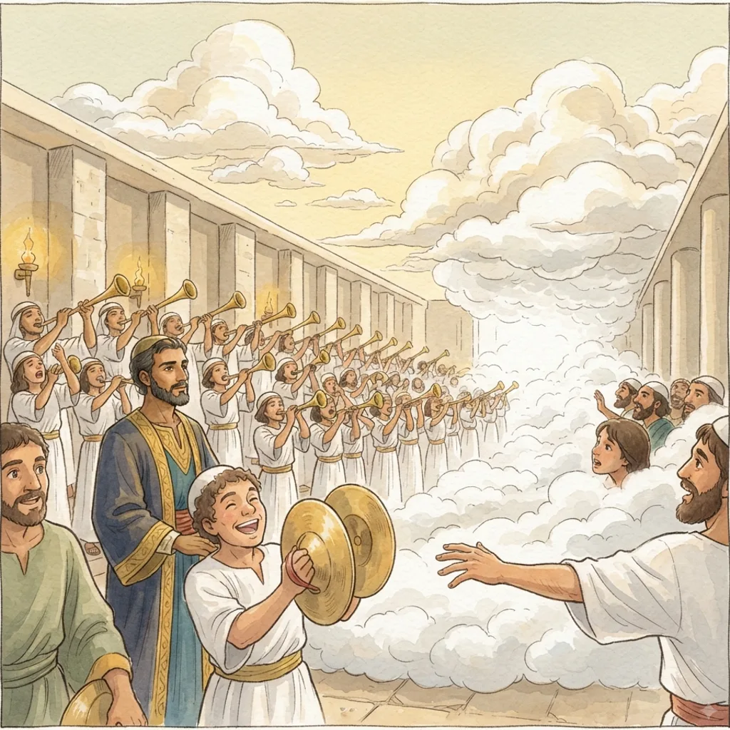 The Glory Fills the Temple: a painted scene illustrating 2 Chronicles 5.