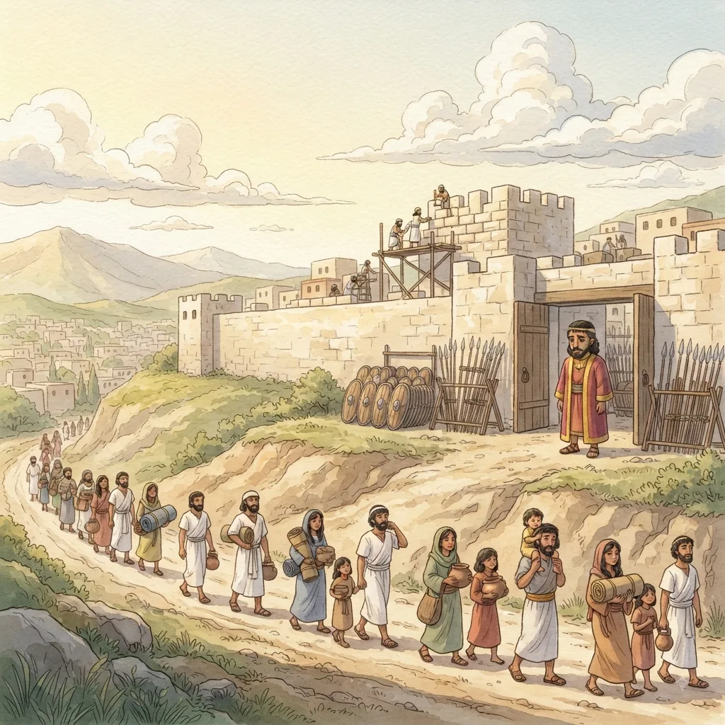 Rehoboam Strengthens Judah: a painted scene illustrating 2 Chronicles 11.