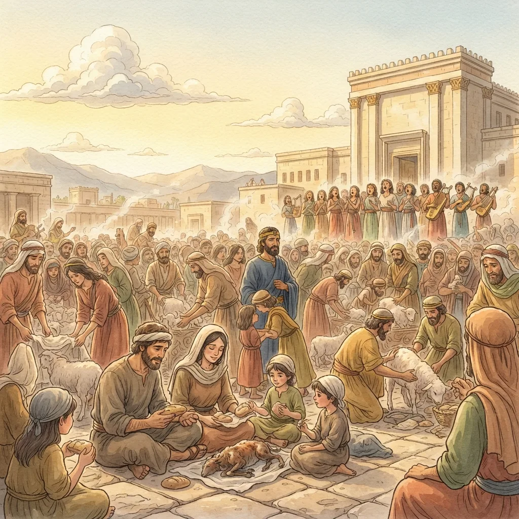 Hezekiah Celebrates Passover: a painted scene illustrating 2 Chronicles 30.