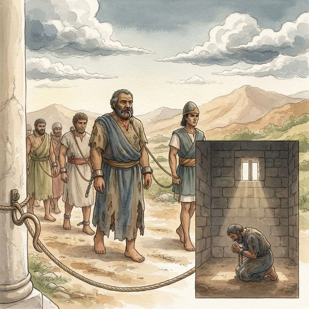 Manasseh's Repentance: a painted scene illustrating 2 Chronicles 33.