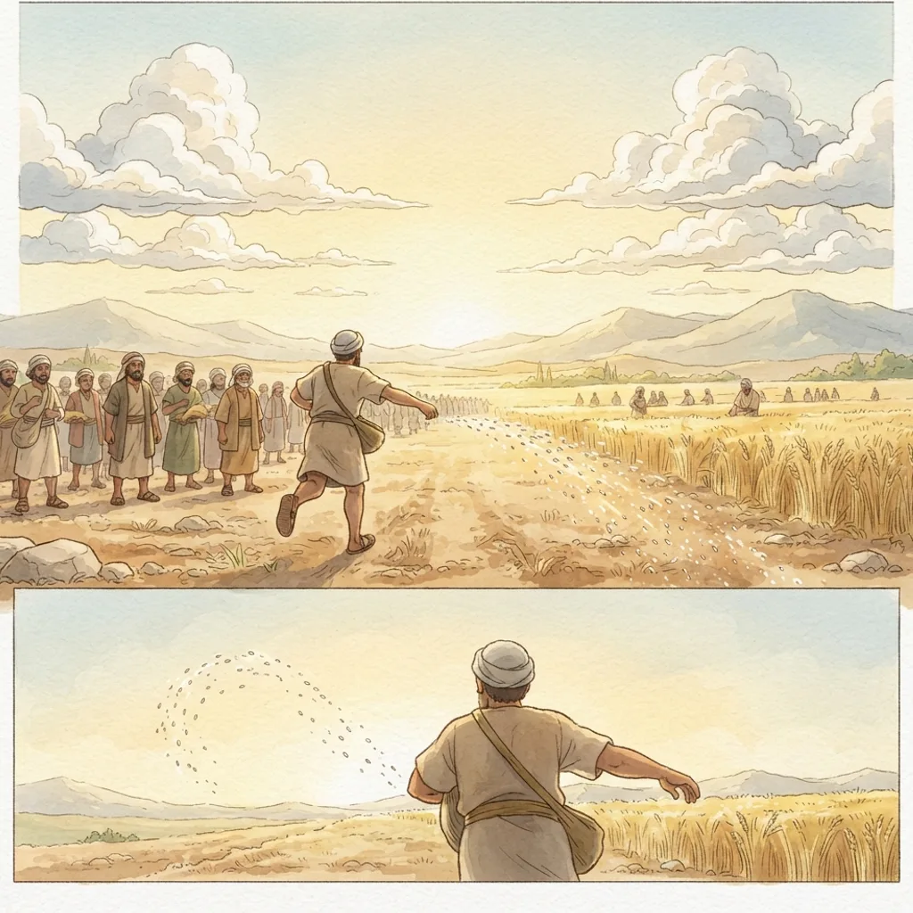 God Loves a Cheerful Giver: a painted scene illustrating 2 Corinthians 9.