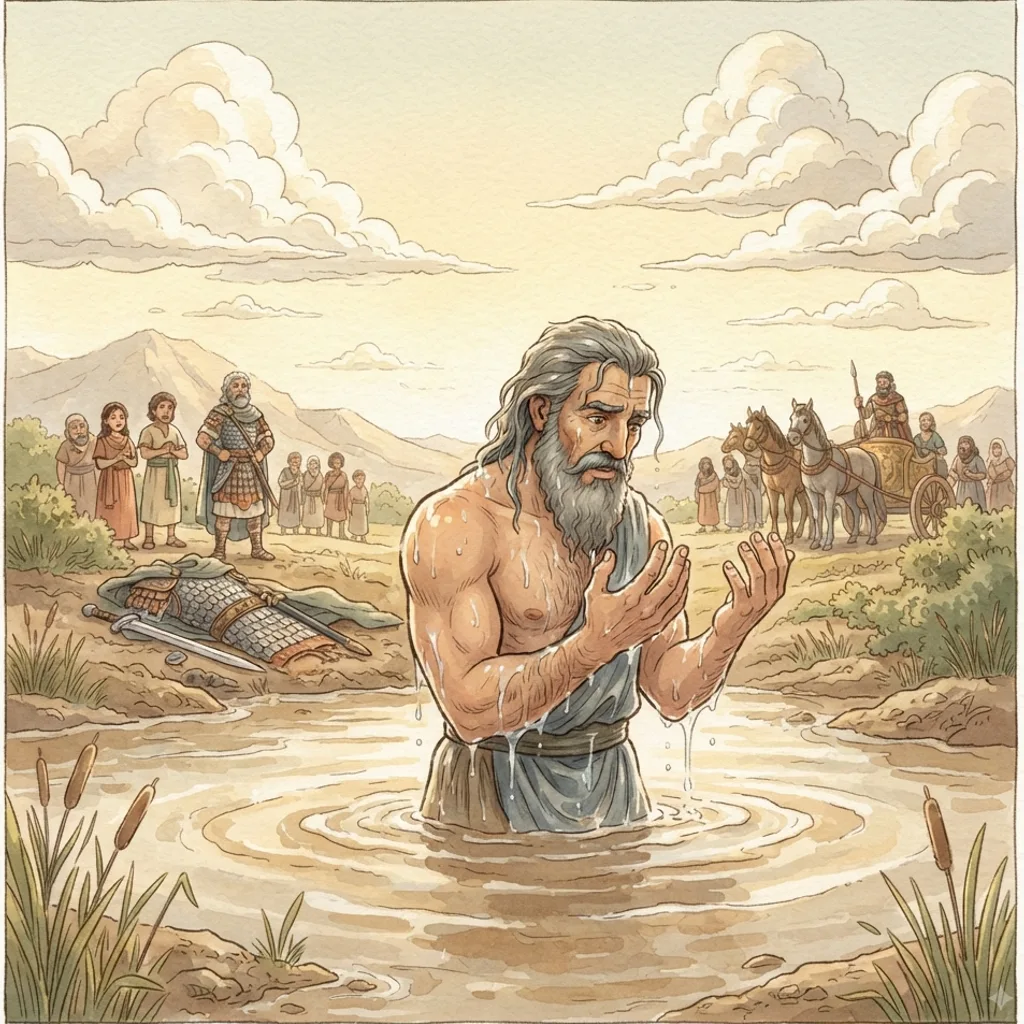 Naaman the Leper: a painted scene illustrating 2 Kings 5.
