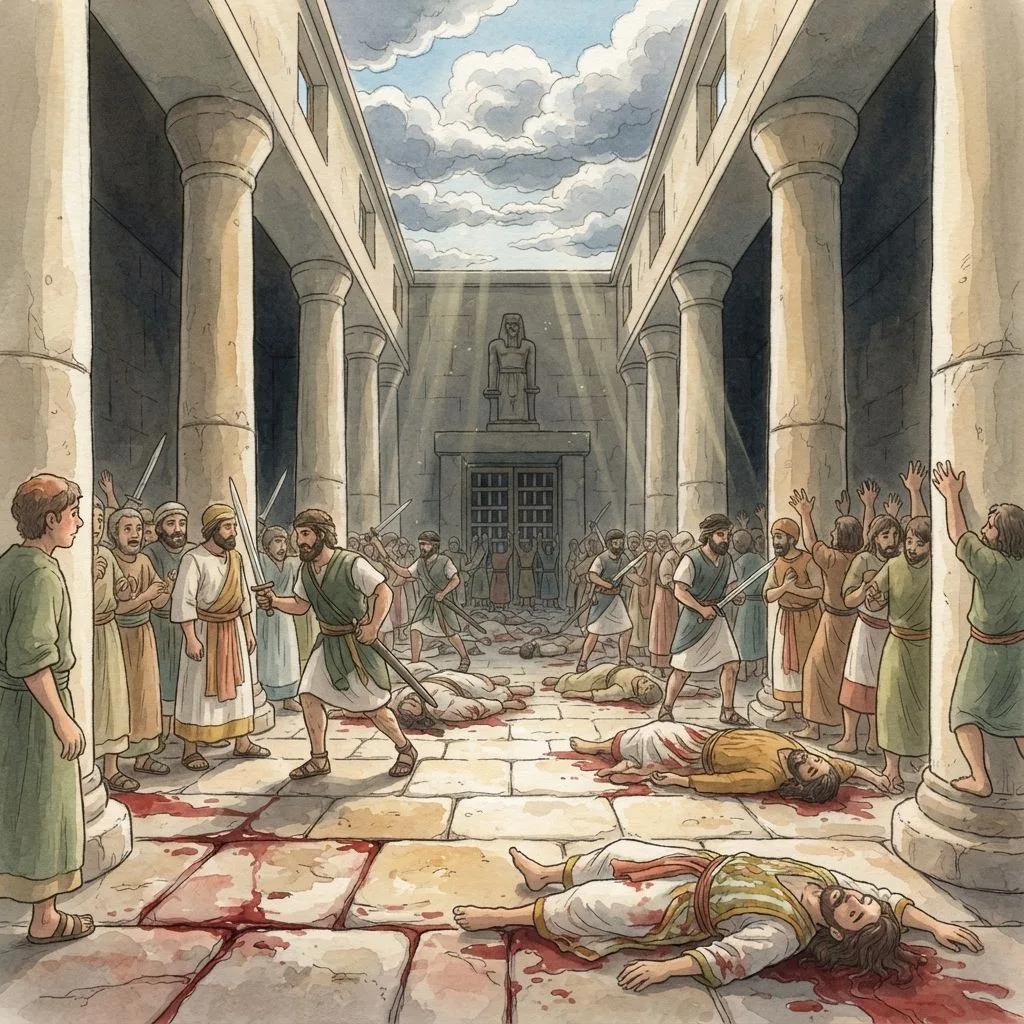 Jehu Destroys Ahab's House: a painted scene illustrating 2 Kings 10.