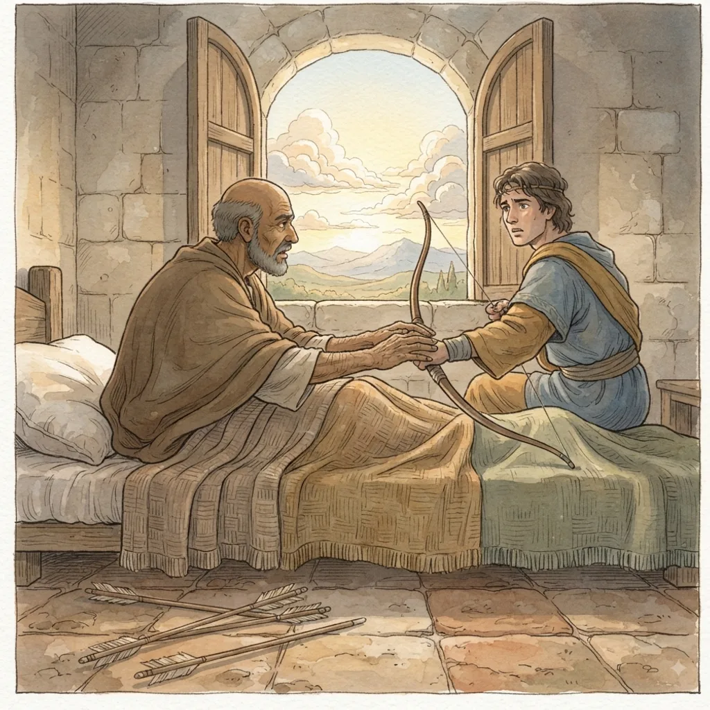 The Death of Elisha: a painted scene illustrating 2 Kings 13.