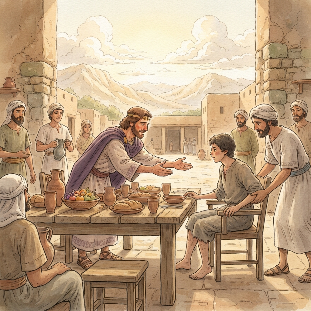 David's Kindness to Mephibosheth: a painted scene illustrating 2 Samuel 9.