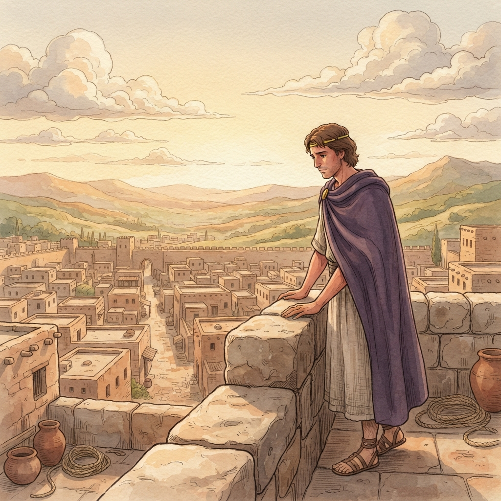 David and Bathsheba: a painted scene illustrating 2 Samuel 11.