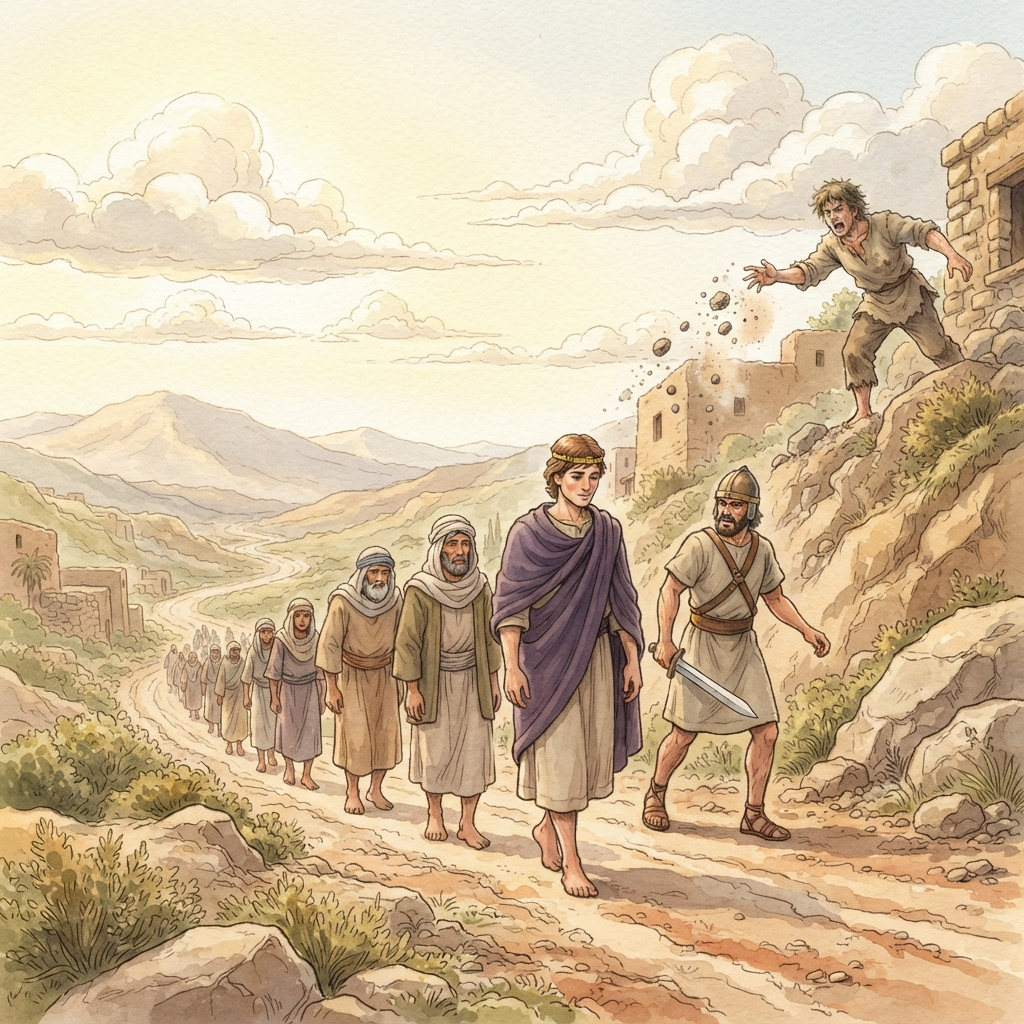 David Flees Jerusalem: a painted scene illustrating 2 Samuel 16.