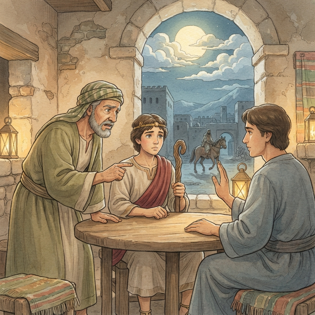 Hushai Foils Ahithophel: a painted scene illustrating 2 Samuel 17.