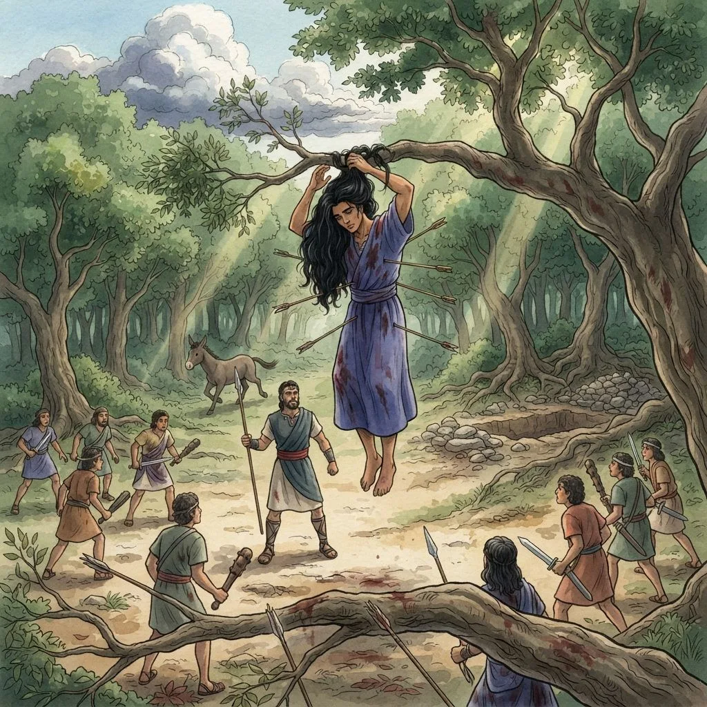 The Death of Absalom: a painted scene illustrating 2 Samuel 18.