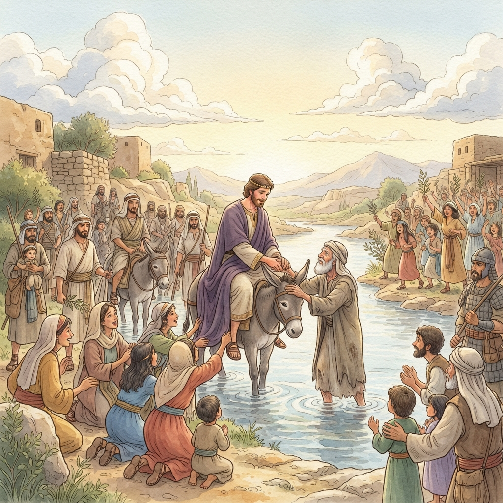 David Returns to Jerusalem: a painted scene illustrating 2 Samuel 19.