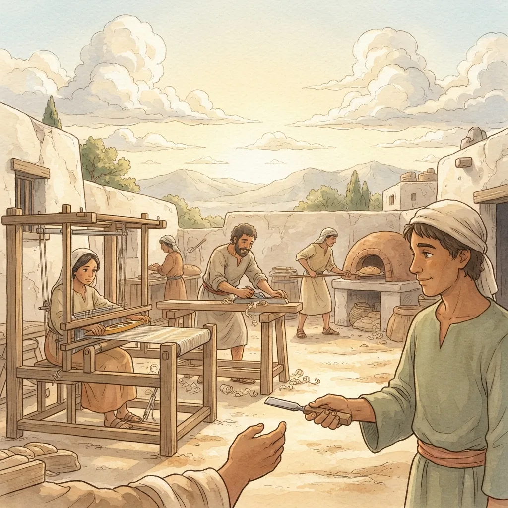 Work Quietly and Faithfully: a painted scene illustrating 2 Thessalonians 3.