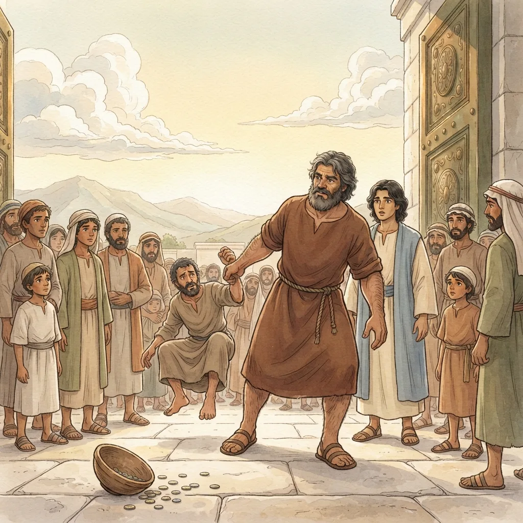 The Lame Man Healed: a painted scene illustrating Acts 3.